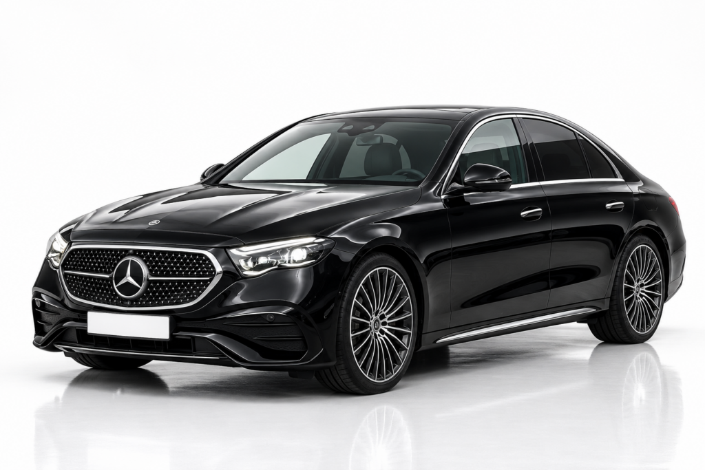 Mercedes-Benz E 220 d elölről, félprofilból – bérlés Budapesten