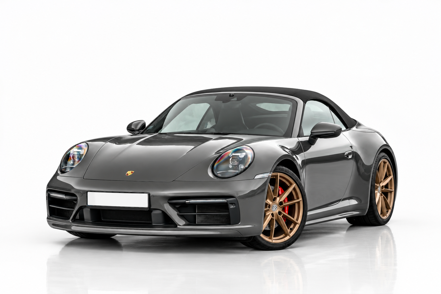 Porsche 911 Carrera 4S Cabrio elölről, félprofilból, grafitszürke – kabrió sportautó bérlés Budapesten