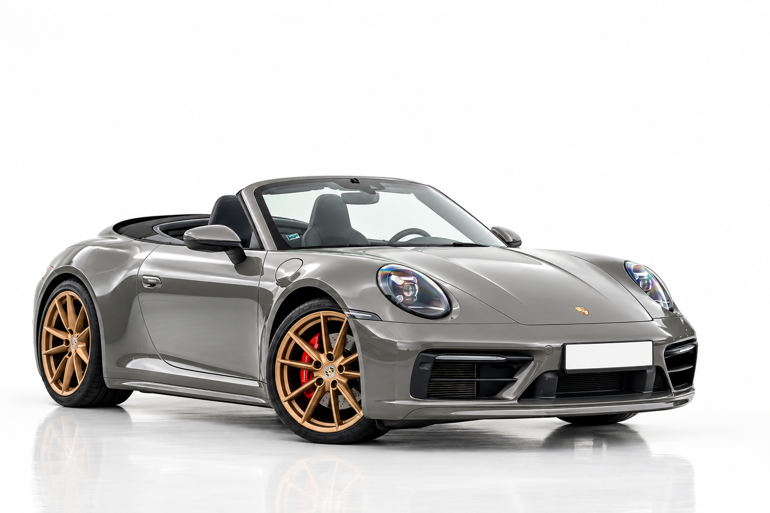Porsche 911 Carrera 4S Cabrio elölről, félprofilból, kőszürke – kabrió sportautó bérlés Budapesten